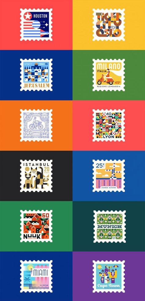 As a tribute to the art of postage #stamp #design, the team of #graphicdesign studio Makers Company has produced a series of well-illustrated stamps featuring a variety of cities and towns. All #stamps are made in a square format based on flat illustrations in different colors and shapes. Retro, Design, Graphics, Graphic Design Posters, Houston, Shops, Graphic Design Fun, Graphic Design Studios, City Branding