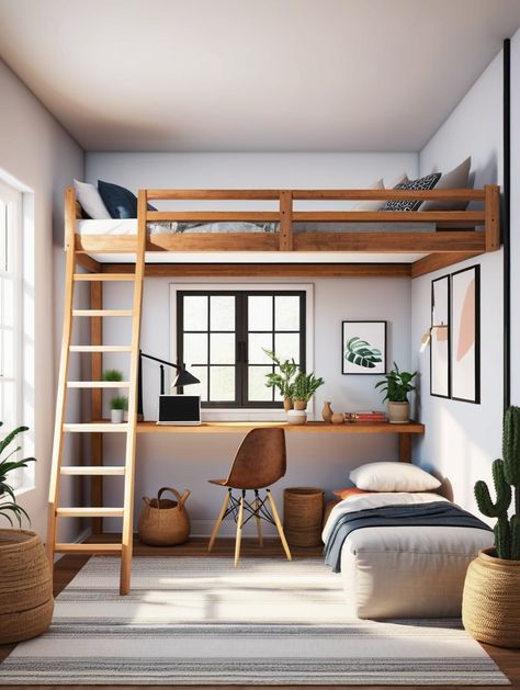 Looking for space-saving solutions? Check out these 10 incredible loft bed ideas for low ceilings and small spaces. Perfect for maximizing your space while keeping it comfortable. Click to read more! Design, Studio, Decoration, Inspiration, Interior, Kids Loft Bedrooms, Attic Spaces Low Ceiling, Studio Loft Apartment Ideas, Tiny Attic Ideas