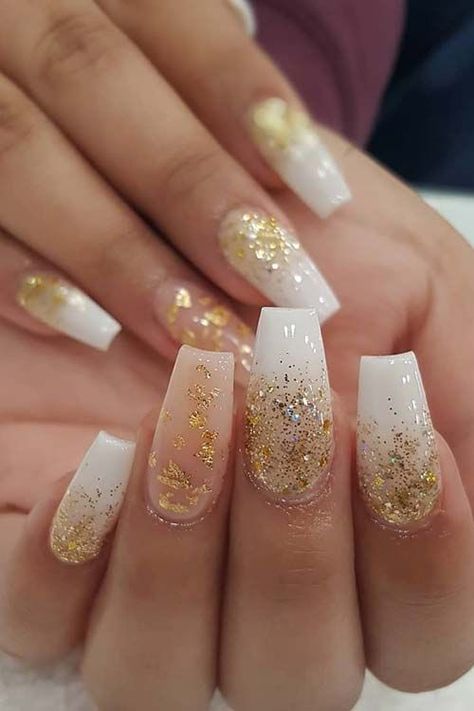 50+ Gorgeous Gold Nails To Get At Your Next Manicure White Acrylic Nails, Golden Nails Designs, White Gold Nails, White Nails With Gold, Gold Nails Prom, Gold Nail Designs, Gold Acrylic Nails, Nails With Gold, Gold Glitter Nails