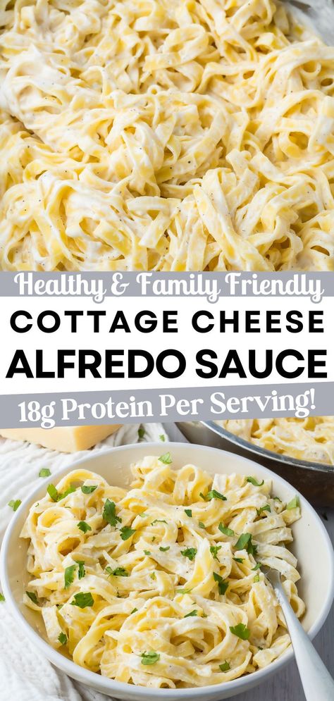 Discover the secret to making a healthier Alfredo sauce with this Cottage Cheese Alfredo Sauce recipe. It's the perfect blend of creamy and savory, ideal for your next pasta night. High protein (18g per serving!) and low in fat, it's an Alfredo you can feel good about. Perfect for chicken Alfredo, fettuccine, and even a delicious Alfredo bake. Pasta, Healthy Recipes, Protein, Low Fat Alfredo Sauce, Low Calorie Alfredo Sauce, Healthy Alfredo Sauce Recipe, Healthy Alfredo Sauce, High Protein Pasta, Protein Pasta Recipes