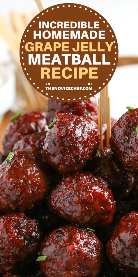 Sweet, sticky, and simple, these Grape Jelly Meatballs are made with just three ingredients, and are the ultimate meatball appetizer! Everyone will fight over the last sweet-and-savory bite. Thanksgiving, Apps, Dips, Ideas, Sauces, Bbq Grape Jelly Meatballs, Meatball Recipe With Grape Jelly And Chili Sauce, Jelly Meatballs Crockpot, Jelly Meatball Recipe