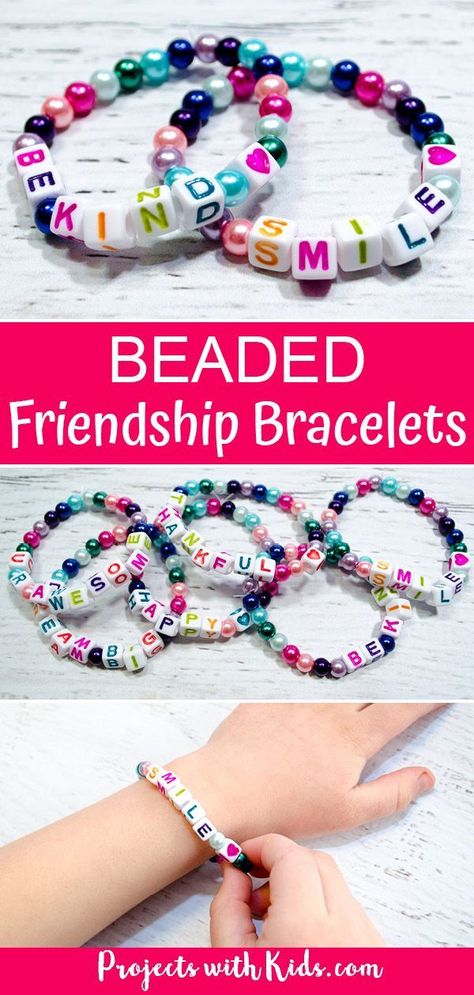 Kids will love making these colorful beaded friendship bracelets for their friends. These beaded stretchy friendship bracelets are super easy to make and kids will have fun coming up with positive messages to share with their friends. A great kid-made gift! #projectswithkids #kidscrafts #jewelrymaking Bijoux, Friends, Amigurumi Patterns, Pre K, Iphone, Beaded Bracelets, Kids Bracelets, Diy Bracelets Easy, Diy Beaded Bracelets