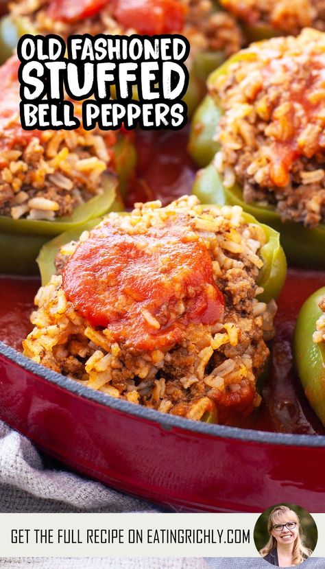 A shallow red Dutch oven filled with beef and rice stuffed bell peppers in a red sauce. Essen, Casserole Recipes, Classic Stuffed Peppers Recipe, Easy Casserole Recipes, Main Dish Recipes, Best Stuffed Pepper Recipe, Beef Casserole Recipes, Easy Stuffed Pepper Recipe, Beef Dinner