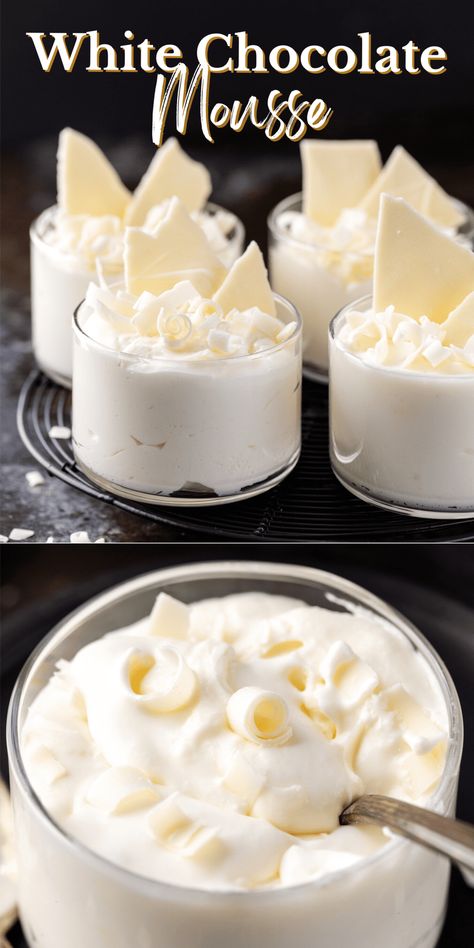 White chocolate mousse is an easy 2 ingredient dessert that’s perfect to make for New Year’s Eve, Valentine’s Day or whenever the craving strikes! This white chocolate mousse recipe is creamy and light. Dessert, Pie, Mousse, Pudding, Desserts, Cake, Creamy Chocolate Dessert, White Chocolate Mousse Cake, White Chocolate Mousse