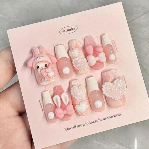 Just found this amazing item on AliExpress. Check it out! $66.22 25％ Off | Kawaii New Sanrios Rabbit My Melody Carving Handmade Press on Nails Full Cover Nail Tips Detachable DIY Manicure Kawaii Press On Nails, Kawaii Nails, Press On Nails Sanrio, Hello Nails, Hello Kitty Nails, My Melody Nails, Kawaii French Nails, Kawaii Fake Nails, Cute Nails
