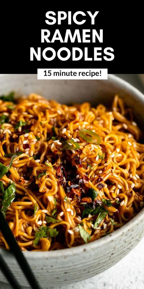 These 15 minute spicy ramen noodles are easy to make, full of flavor and vegan! These gluten free stir fry noodles are perfect as is or served with ground beef, chicken, salmon or tofu. This easy dinner is healthy and a family favorite. Pizzas, Healthy Recipes, Ramen, Pasta, Oriental, Stir Fry, Healthy Ramen Noodles, Stir Fry Noodles, Ramen Noodle Recipes