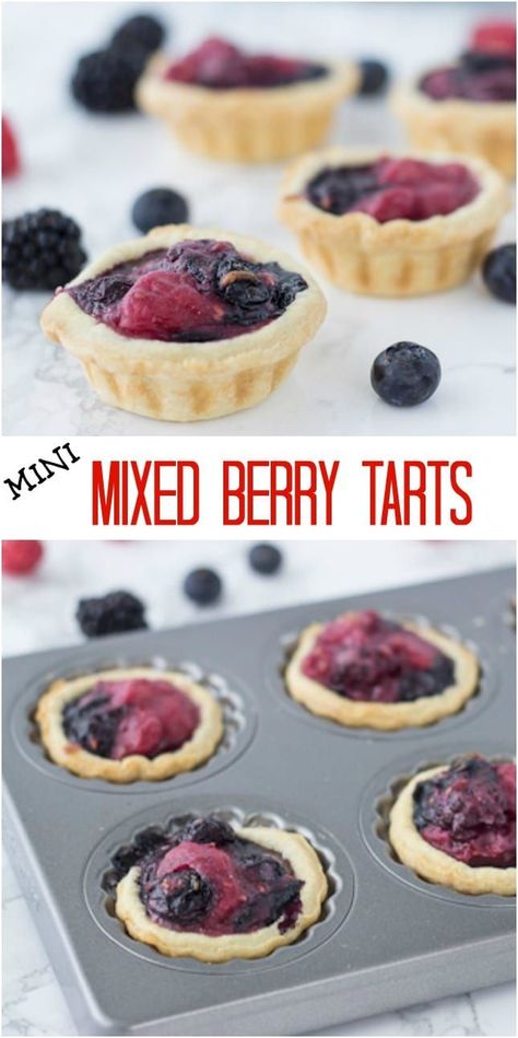 These easy Mixed Berry Mini Tarts make for an easy dessert in a picnic basket! Desserts, Parties, Dessert, Mini Desserts, Muffin, Berry Dessert, Sweet Desserts, Desserts For A Crowd, Best Dessert Recipes