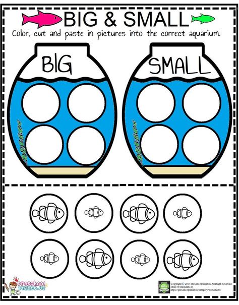 Here is funny big or small worksheet for preschoolers, kidergarten and first graders. We preapred two aquariums for small and big fishes. Kids will choose which one is big or small. They will also cut and paste them to correct positions. You can freely print for your kids or students but any purposes for profit is forbidden.Have fun! Pre K, Activities For Kids, Math For Kids, Math Activities Preschool, Worksheets For Kids, Kids Worksheets Preschool, English Activities For Kids, Preschool Learning, Printable Preschool Worksheets