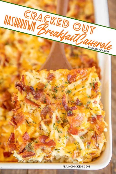 Cracked Out Hash Brown Breakfast Casserole - seriously the BEST! Only 6 ingredients - hash browns, bacon, cheddar, ranch, milk, and egg. You can make this ahead of time and refrigerate or freeze until ready to bake! Great for overnight guests and holiday mornings. #breakfast #casserole #bacon #potluck Bacon Breakfast Casserole, Bacon And Egg Hashbrown Casserole, Breakfast Casserole With Hashbrowns, Bacon Cheddar, Hashbrown Breakfast Casserole, Hashbrown Casserole Breakfast, Bacon Egg Casserole Recipes, Breakfast Casserole Bacon, Hashbrowns Breakfast Casserole