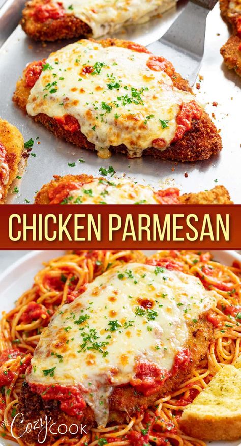 This restaurant-worthy Chicken Parmesan recipe is easy to make in a skillet and bake in the oven with marinara and mozzarella! Serve this with pasta for an Italian dinner that your family will love! Chicken Recipes, Pasta, Chicken Parmesan Recipe Baked, Chicken Parmesan Recipes, Chicken Dishes Recipes, Chicken Dinner Recipes, Chicken Dinner, Chicken Dishes, Pasta Dinner Recipes