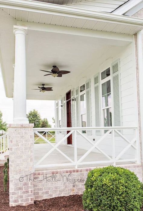 Check out this blog post with all you need to know about updating your front porch. Front porch railing ideas and styles for any home! Porches, Interior, Exterior House Colors, Farmhouse Exterior, House Colors, Brick Porch, Front Porch Railings, Porch Remodel, Front Porch Makeover