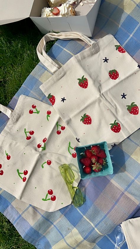 picnic to paint tote bags :) tote bag painting ideas, cherry tote bag, strawberry tote bag