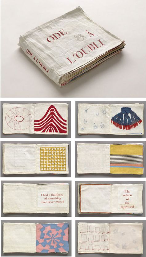 Found this unique illustrated fabric book in the archives of the Museum of Modern Art (MOMA), New York. The English translation of the title is “Ode to Forgetting”. The pages are composed of fabric… Art And Illustration, Bookbinding, Journals, Fabric Book, Book Binding, Booklet, Book Design, Collage Book, Book Art
