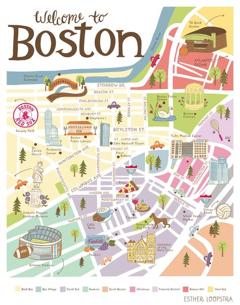 Boston, Illustrators, Boston Map, Boston Public, Boston Public Garden, Boston Travel, City Maps, Boston Travel Guide, Map Poster