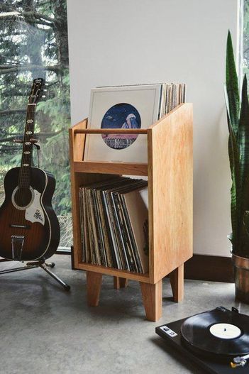 Prather's Tretina Unit holds up to 160 LPs, it's made of solid cherry, maple, or walnut hardwood, not medium density fiberboard. Tretina LP storage unit prices start at $315. Storage Ideas, Décor, Home, Home Décor, Audio Room, Audio, Room, Rack, Storage