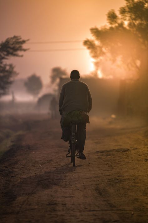 Sunset in village, man riding bicycle Pr... | Premium Photo #Freepik #photo #house #man #nature #sun