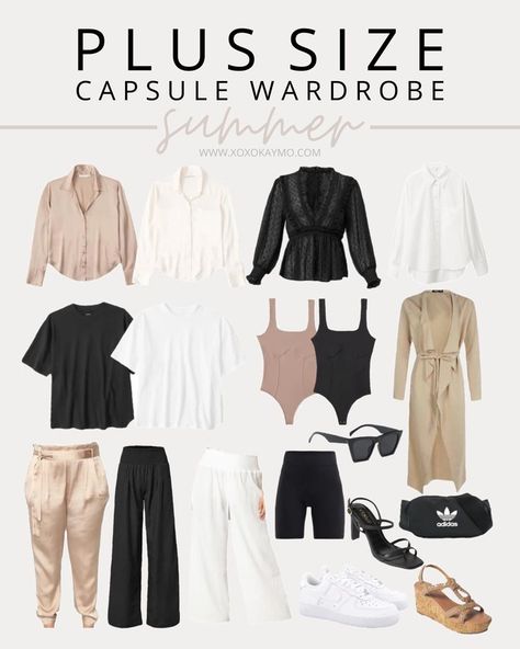An easy plus size summer capsule wardrobe you can put together! Outfits, Casual, Capsule Wardrobe, Capsule Wardrobe Work, Staple Wardrobe Pieces, Capsule Wardrobe Outfits, Plus Size Capsule Wardrobe, Summer Capsule Wardrobe, Summer Work Outfits Plus Size