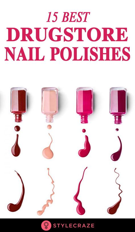 Ladies, the secret to an ideal mani-pedi is great nail polish. Let us ask you what you look for while choosing one – is it the longevity factor or the selection of colors in the range? Allow us to introduce you to the 15 best drugstore nail polishes that work just as beautifully as their high-end counterparts, in almost every aspect. These cost you a fraction (under $11) of the luxury brands and make your trip to the drugstore so worthwhile! #nailpolish #nails #essie Best Drugstore Nail Polish, Drugstore Nail Polish, Best Nail Polish Brands, Nail Polish Brands, Essence Nail Polish, Essie Nail Polish, Nail Polish Dupes, Revlon Nail Polish, Cheap Nail Polish