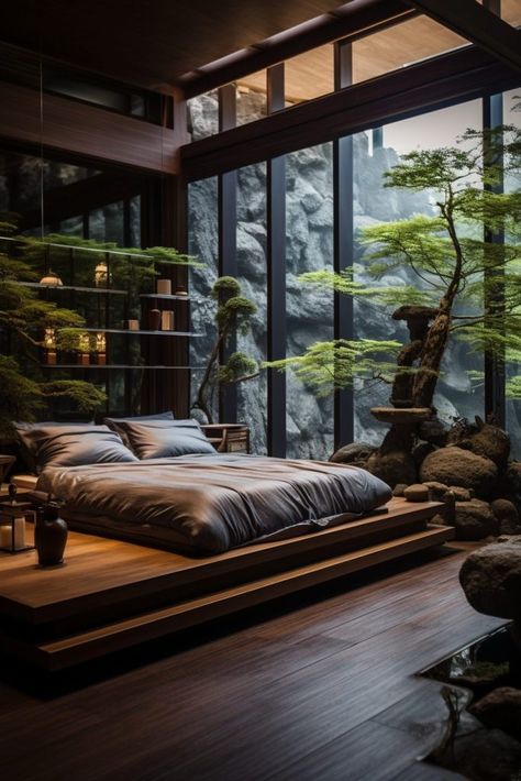 Bedroom, Zen Living Room Ideas, Modern Zen Bedroom, Indoor Zen Garden, Indoor Courtyard, Modern Japanese Interior Living Room, Bedroom Tropical Style, Zen Interiors, Garden Bedroom