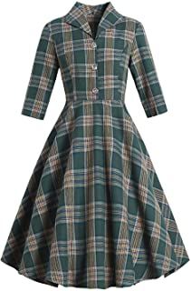 Amazon.com: 1940s dress vintage Vintage, Outfits, Green Plaid Dress, Plaid Dress, Button Up Dress, Knee Length Dress, Knee Length Dresses, Casual Dress, Plus Size Dress