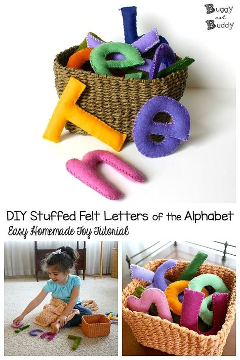 DIY Stuffed Felt Toy Letters of the Alphabet: Easy sewing tutorial for homemade ABCs. Great hands-on learning toy for name practice, letter sounds, letter recognition and other literacy activities. Makes a special keepsake and homemade gift. #buggyandbuddy #abcs #alphabet #diy #diytoy #felt #sewingtutorial #easysewing #reading #ece #preschool #toddler #play #handsonlearning Kids Toys, Toys, Diy, Felt Letters, Learning Toys, Felt Toys, Felt Toys Diy, Felt Diy, Letter Sounds