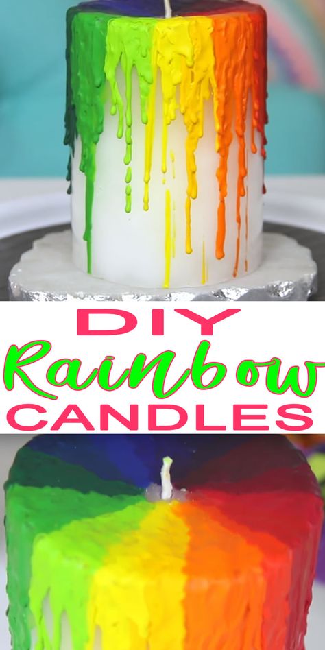 DIY rainbow candles! Learn how to make these colorful rainbow candles - dripping Crayola crayon candles. Diy, Home-made Candles, Diy Rainbow Candles, Diy Candles, Easy Candles, Candle Making, Diy Candle Decor, Candle Making Supplies, Clean Candle