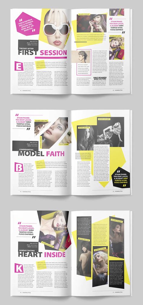 Professional and clean InDesign magazine template. Includes 25 pages for articles, interviews, galleries and showcases. All text editable and comes with placeholder for images. The files are print ready with bleeds. All texts are set with free fonts, and download links are provided. Editorial, Design, Magazine Layouts, Layout, Magazine Articles, Publication Design, Magazine Layout Design, Magazine Design, Magazine Template