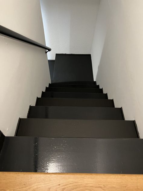 Paint Your Basement Stairs Black for a Modern Look - Building Bluebird Diy, Fresh, Ideas, Design, Basement Flooring, Black Painted Stairs, Basement Makeover, Painting Basement Floors, Painted Staircases
