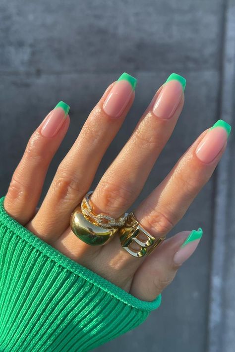 Bold and Chic: Show off your style with vibrant green French tips on elegant square-shaped nails for a striking pop of color against a nude base. These stunning nails effortlessly combine boldness and simplicity, creating a captivating look that's bound to make heads turn. Discover the beauty of this mesmerizing shade of green! ✨ // Photo Credit: Instagram @gelsbybry French Tip Nails, French Tip Acrylic Nails, Coffin Shape Nails, Coloured French Nails Tips Square, French Nail Designs, Square Gel Nails, Short French Tip Nails, Long Acrylic Nails, Long Acrylic Nail Designs