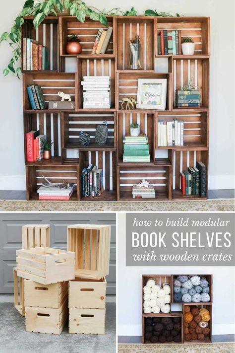 Learn how to build easy DIY book shelves using wooden crates and zip ties in this video and photo tutorial. Great DIY idea for nurseries, kids rooms, dorm rooms or apartments! Home Décor, Ikea, Crate Shelves Diy, Crate Furniture Diy, Diy Storage Shelves, Crate Shelving, Wooden Crate Shelves, Crate Storage, Diy Shelves Easy