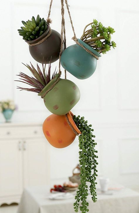 I just love this set of hanging succulent planters! What a cute display! Make sue all varieties can take the same sun exposure and include a trailing variety - so cool #succulentplanters #affiliatelink #succulentdiy Succulent Pots, Diy Plant Hanger, Succulent Display, Diy Plants, Succulents In Containers, Succulent Garden Diy, Hanging Succulents, Plant Decor Indoor, Plant Decor
