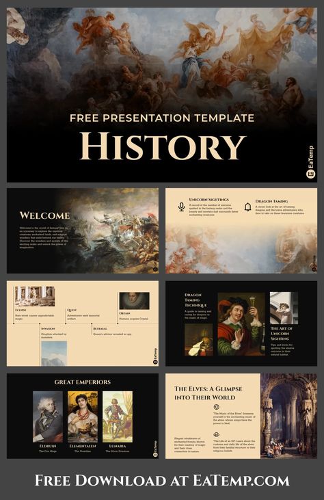 History PPT Presentation Template - Free PowerPoint Templates, Google Slides, Figma Deck And Resume Instagram, Design, Layout Design, Web Design, Figma, Ilustrasi, Inspo, Layouts, Desain Grafis