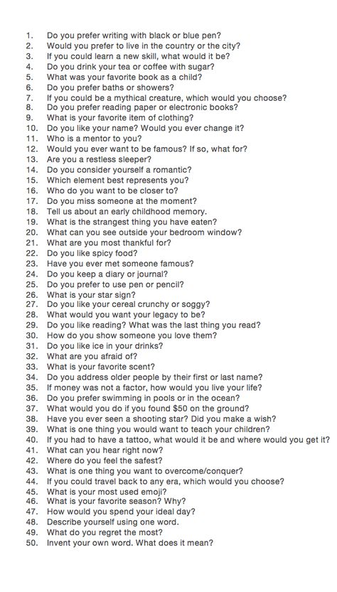 50 questions to answer in order to "dig a little deeper".  Not created by me. Questions To Get To Know Someone, Questions To Ask, Questions To Ask Crush, Fun Questions To Ask, Conversation Starter Questions, Favorite Questions, Conversation Topics, Question Game, Get To Know Me
