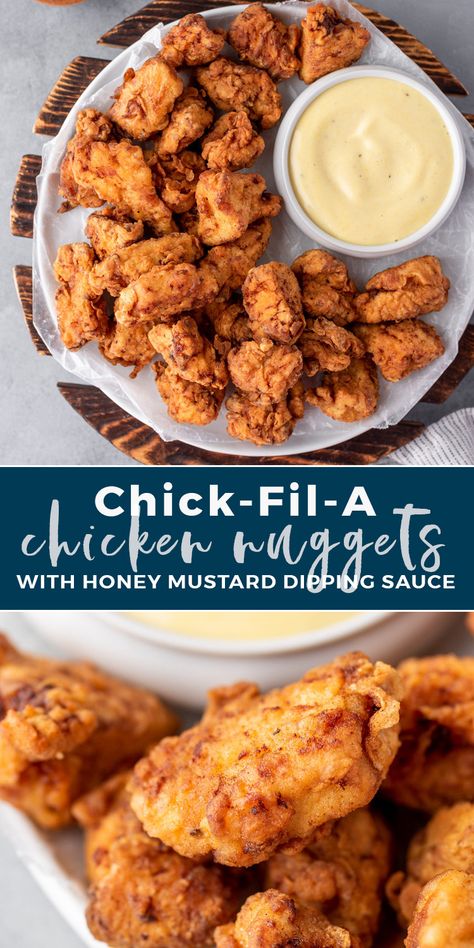 Skip the Line and make chick-fil-A's famous chicken nuggets at home for a fraction of the price. Made with real chicken breasts, a blend of spices, and the secret ingredient, pill juice. Served with a homemade Honey Mustard sauce, these nuggets are sure to satisfy the entire family!