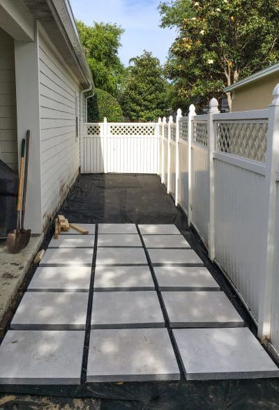 Pavers Border Concrete Patio, Mulch Paver Patio, Side House Walkway Ideas, Pavers And Stones Patio, How To Patio Pavers, 24”x24” Paver Patio, Very Small Backyard Ideas On A Budget, Trashcan Area Outside, Gravel And Paver Backyard