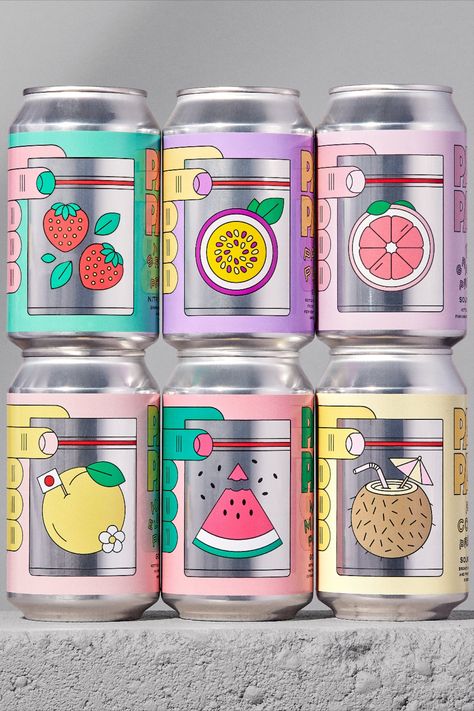 When beer packaging can break free from stereotypes and move into a space of visually compelling compositions with colors that aren't classically utilized, the result is mesmerizing. Jens Nilsson's packaging design for PangPang Pusher, a fruity sour beer series, moves away from rustic, classically masculine packaging for beer and moves into a space of vibrant colors, charming illustrations, and warm, legible typography. Pop, Packaging, Design, Packaging Design Inspiration, Packaging Design, Packaging Template Design, Brand Packaging, Drinks Packaging Design, Retro Packaging