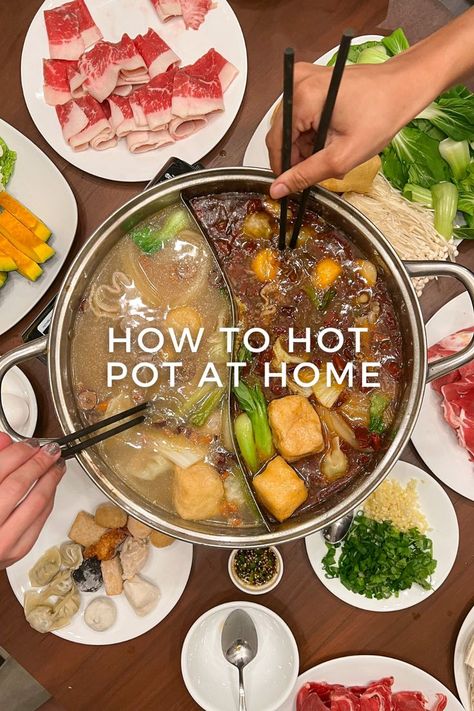 two people eating hot pot with 2 flavor broths, thinly sliced beef, various vegetables, fish balls, and tofu Thanksgiving, Homemade Soup, Asian Hot Pot Recipe, Korean Bbq At Home, Stomach Fat Burning Foods, Foreign Food, Broth Recipes, 100 Calories, Asian Dishes