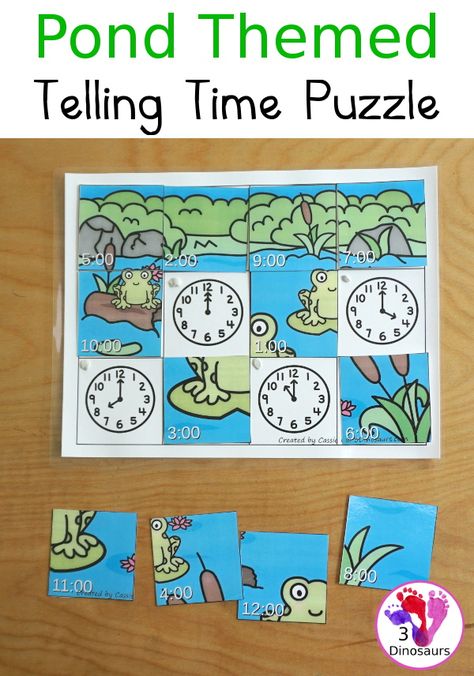 Free Pond Telling Time Puzzle - work on telling time hourly with this fun puzzle - 3Dinosaurs.com #tellingtime #mathforkids #freeprintable #3dinosaurs Activities For Kids, Maths Centres, Math Activities For Kids, Puzzles For Kids, Math Number Activities, Math Activities, Math Time, Math Center, Math Centers