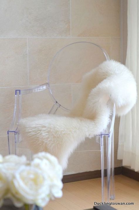 Ghost chair with white faux fur seat cushion | ghost chair seat cushion, acrylic chair seat cushion, louis chair seat cushion Interior Design, Side Chairs, Home Décor, Cheap Desk Chairs, Clear Desk Chair, Arredamento, Glass Furniture, Plywood Furniture, Inredning