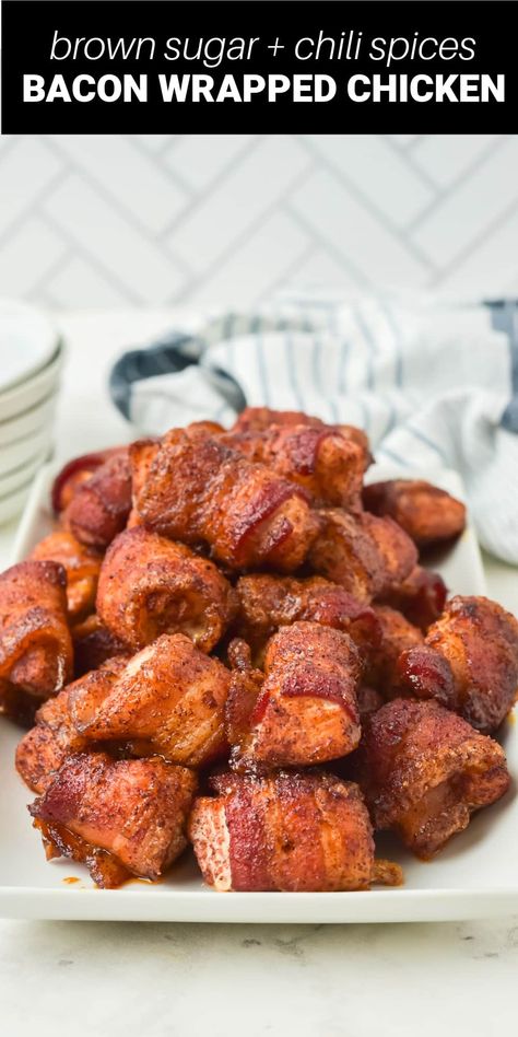 Bacon Wrapped Chicken Tenders With Brown Sugar, Baked Chicken Appetizers, Essen, Sweet Spicy Bacon Wrapped Chicken, Bacon Wrapped Duck Bites, Bacon Chicken Appetizers, Bacon Wrapped Chicken Medallions, Bacon Wrapped Chicken Nuggets, Chicken Bacon Appetizers Brown Sugar