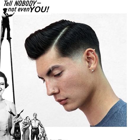 This beautiful example of a Side Part, by Brandon Castaldi of Proper Barber Co, steps it up a notch. Finished with a Pomp in the front, a tidy taper around the ears, and dressed with a healthy dab of Matte Pomade. Fine Hair, Vintage, Slicked-back, Thick Hair Styles, Side Hairstyles, Hairstyles Haircuts, Hair Type, Hair Lengths, Modern Hairstyles