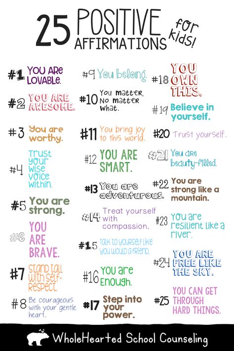 50 Positive Affirmations for Kids: Using Positive Self-Talk as a Coping Skill - WholeHearted School Counseling Inspiration, Motivation, Pre K, Affirmations For Kids, List Of Affirmations, Positive Affirmations For Kids, Positive Parenting, Positive Self Talk, Positive Self Affirmations