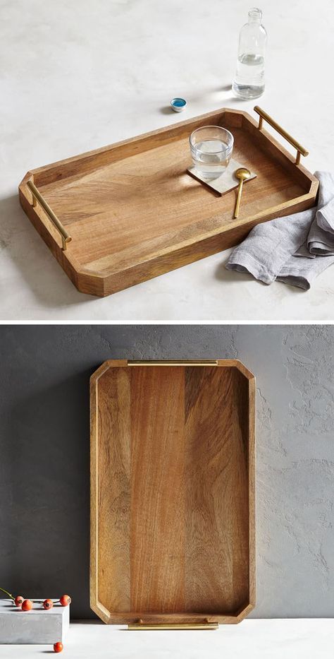 The sides of this wood tray eliminate the worry of things being knocked off, and the bar handles on both sides of the tray make it easy to transport and move when necessary. Serving Trays, Wooden Serving Trays, Serving Tray Wood, Tray Design, Modern Serving Trays, Wooden Tray, Tray, Wood Tray, Wooden Plates