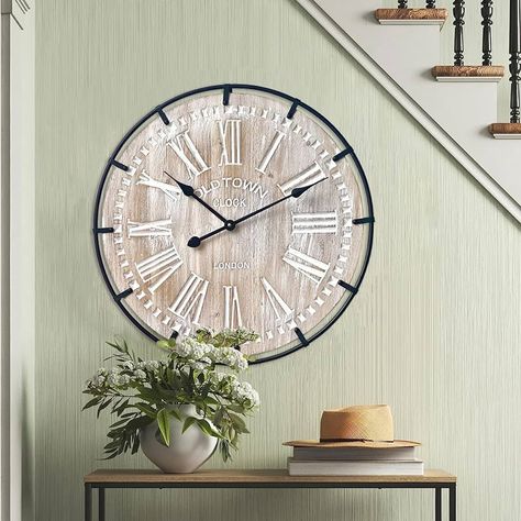 Amazon.com: EMAX HOME 24 Inch Large Farmhouse Wall Clock, Rustic Antique Wood with Metal Circle and Large Engraved Numerals, Silent Battery Operated Wall Clock for Office Kitchen Bedroom Living Room : Home & Kitchen Home Décor, Modern Farmhouse, Large Rustic Wall Clock, Industrial Clock Wall, Farmhouse Wall Clock, Wood Wall Clock, Wood Clocks, How To Antique Wood, Wood And Metal