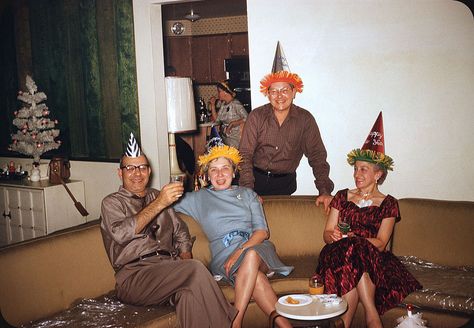 New Year's Party - 1961. Someone has thoughtfully protected the lounge cushions with plastic!  (From original 35mm Kodachrome slide transparency) Vintage Christmas, Retro, Parties, Vintage, Vintage Photos, People, Vintage Happy New Year, New Years Eve, Newyear