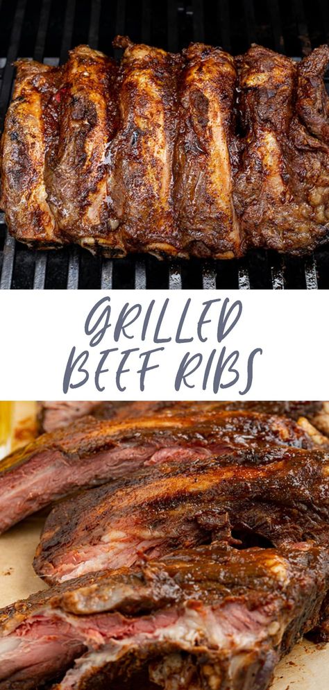 These beef ribs are perfectly tender, smoky, and insanely delicious! They're rubbed in a flavorful marinade then finished off with your favorite barbecue sauce. These easy beef ribs are cooked low and slow on either a charcoal or gas grill to fall-off-the-bone perfection! Summer, Brisket, Smoked Beef Ribs, Ribs On Grill, Grilled Beef Ribs, Ribs On The Grill, Grilled Beef Short Ribs, Smoked Beef, Bbq Beef Ribs