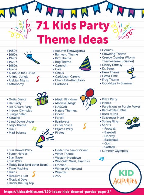 An infographic with 71 kids party theme ideas. #PartyThemes #Birthday #BirthdayPartyIdeas #KidsParties Art, Birthday Party Games For Kids, Party Themes For Kids, Fun Party Themes, Kids Party Planning, Party Activities, Kids Party Themes, Themed Parties, Kids Birthday Party Activities