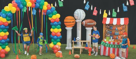 Sports Theme VBS Ideas Sports Themed Party, Sports Day Board Decoration, Sports Day Decoration, Sports Decorations, Sports Day Banner, Sports Theme, Sports Birthday, Vbs Themes, Sport Theme