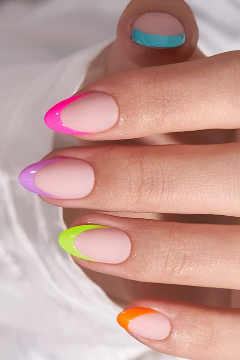 Soft Gel Multicolor French Tip Press On Nails Barbie, Design, Colourful Nail, Preppy Style, French Tip Gel Nails, French Tip Acrylic Nails, French Tip Nail Designs, Simple Gel Nails, Gel Acrylic Nails