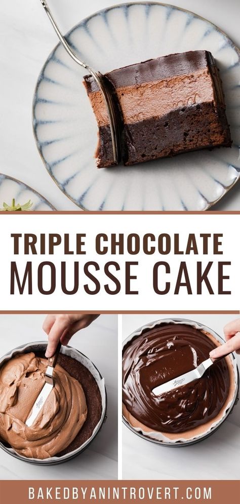 Top of image shows a slice of chocolate mousse cake on a plate. The bottom images show a hand frosting the cake. Cupcake Cakes, Desserts, Chocolate Desserts, Tart, Pasta, Cake, Cake Recipes, Dessert, Triple Chocolate Mousse Cake